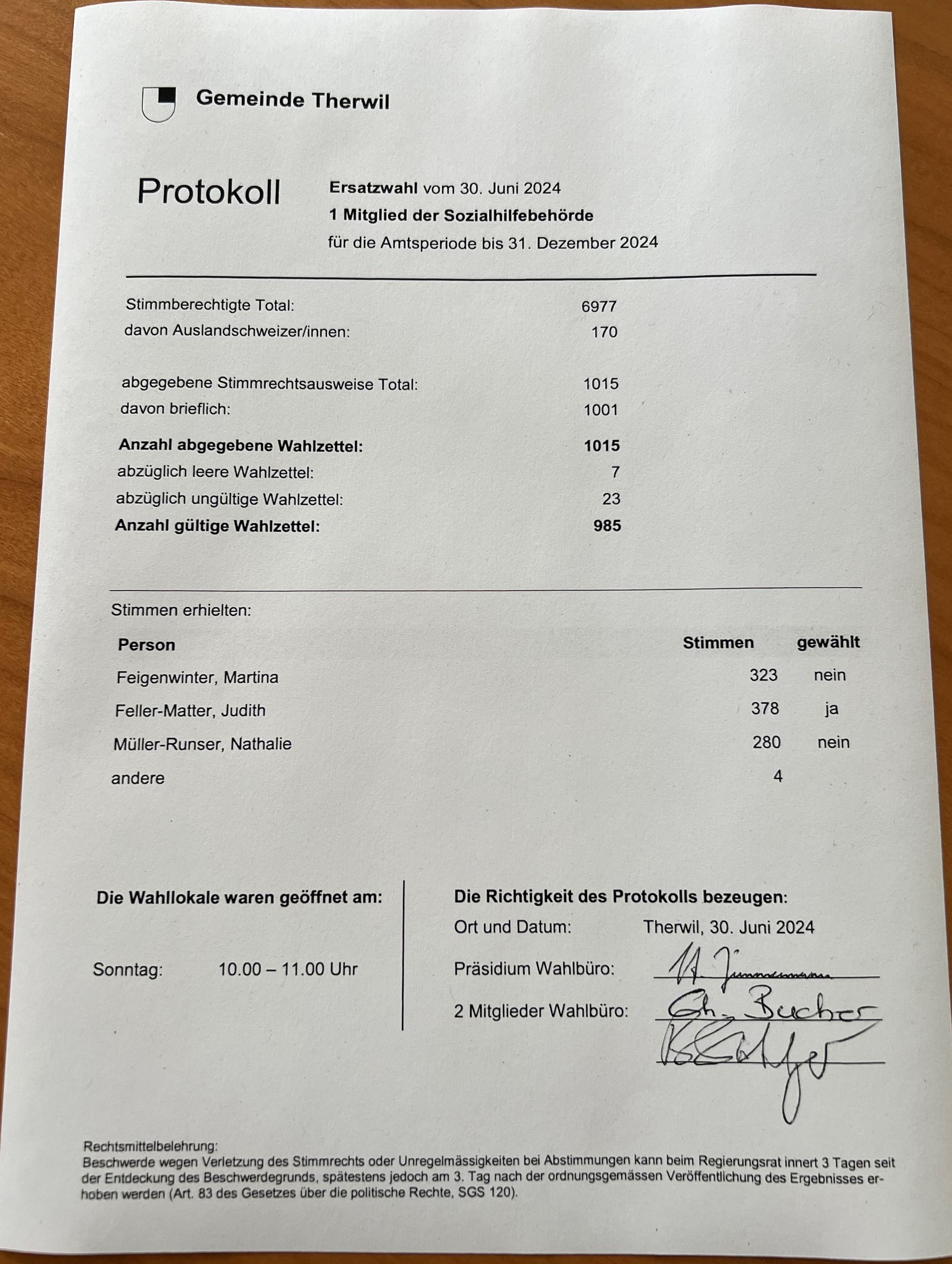 Resultate der Ersatzwahlen Sozialhilfebehörde